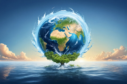 Illustration of huge tree emerging from the water and holding the Earth surrounded by infinite ocean and sky, with water surrounding the planet. Planet and nature care concept, Earth day