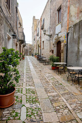 Fototapeta na wymiar Pedestrian Cobblestone Street in Erice - Sicily - Italy