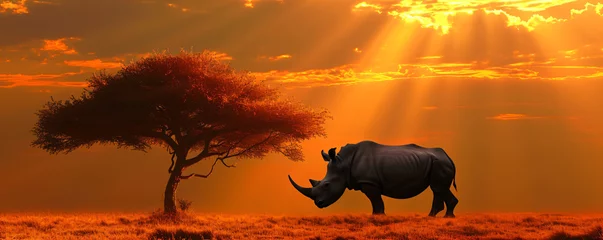 Fotobehang Silhouette of large acacia tree in the savanna plains with rhino (White Rhinoceros). African sunset. Wild nature, Kenya panoramic view. Black history month concept. World rhino day. Animal protection © ratatosk