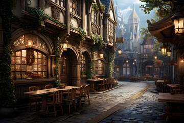 Street cafe in the old town at night. 3d rendering.