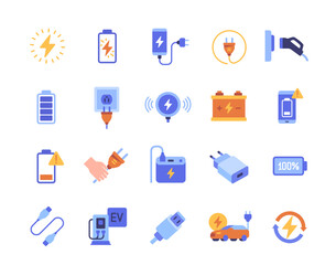 Set of colorful charging icons. Bright signs with recharge, power station, electricity, lightning, battery, energy and electric car. Cartoon flat vector collection isolated on white background