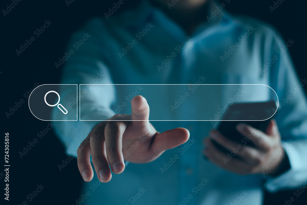 Poster data search technology engine optimization. businessman hand touch searching icon for information on