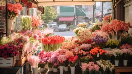 Fototapeta na wymiar Colorful flowers in flower shop. Blurred background, shallow depth of field