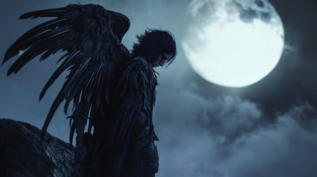 A male gothic angel with tousled black hair and sharp features stands atop a moonlit hill his dark wings fluttering in the cool night breeze.