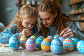 Painting Easter Eggs with Mom, mother and daughter work together, creating creative and colorful crafts for Holy Week