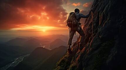 An adventurer ascends a steep cliff against a stunning sunset backdrop in rugged mountains.