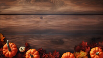 Naklejka na ściany i meble Seasonal autumn arrangement with pumpkins and leaves on a rustic wooden backdrop.