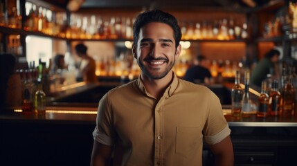 A happy, casual-dressed male bartender smiling confidently in a warmly lit contemporary bar setting. - obrazy, fototapety, plakaty