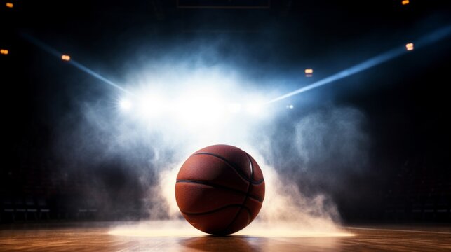A basketball sits center court enveloped by dramatic lighting and a haze, evoking anticipation of a game.