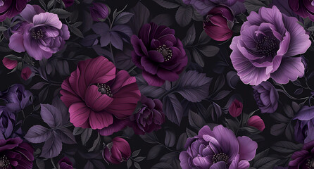 black floral background with purple flowers - obrazy, fototapety, plakaty