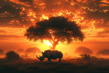 Silhouette of large acacia tree in the savanna plains with rhino (White Rhinoceros). African...