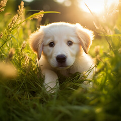 Cute puppy playing in grass