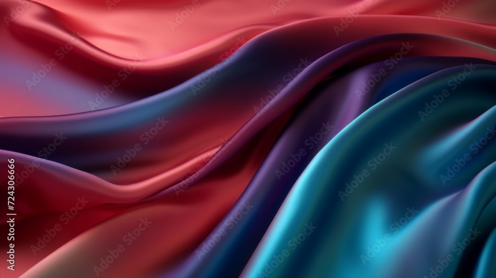 Poster smooth, flowing satin textiles in bold colors captured in a dynamic and fluid motion, representing l