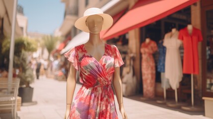 A stylish mannequin showcases a vibrant summer dress on a sunny shopping street with boutique shops.