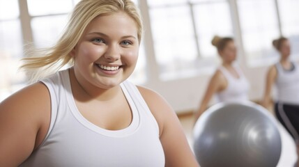 A cheerful plus-size young woman holding a fitness ball in a bright gym setting, promoting health...