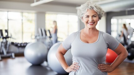 Fototapeta na wymiar A fit senior woman with a radiant smile stands confidently in a modern fitness center.