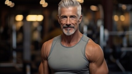 Obraz premium Cheerful elderly fitness enthusiast with a well-built physique working out at a gym.