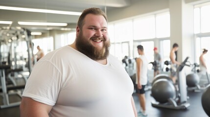 Fototapeta na wymiar An upbeat big and tall man in a white shirt, enjoying his time in a bright gym setting.