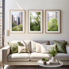 Modern living room interior design with three frames. 3d rendering mock up