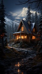 Wooden house in the Carpathian mountains at night, Ukraine