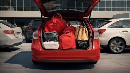 A car trunk open with an assortment of bags and luggage neatly organized for a road trip or travel.