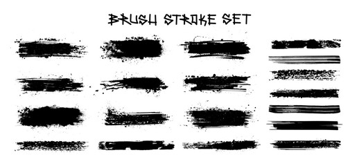Black dried paint splattered in dirty style. Brush stroke graphic set. Black ink stencils for graphic design, text fields. Artistic texture, ink brush stroke, callouts, stains. Vector brush stroke set