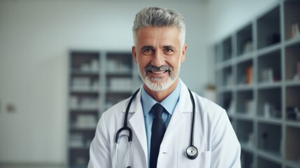 A professional and trustworthy mature male doctor smiling in a clinic, portraying confidence and expertise.