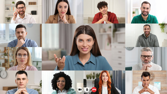 Laptop (computer) screen showing people during video call. Colleagues having video chat