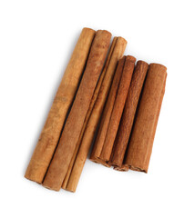 Dry aromatic cinnamon sticks isolated on white, top view