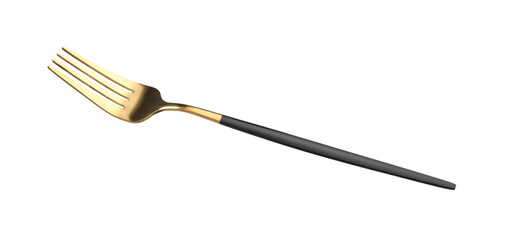 One shiny golden fork with black handle isolated on white