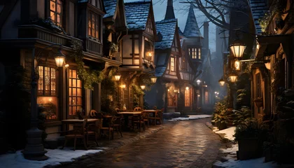 Fotobehang Winter night in old european town with snow-covered houses © Iman