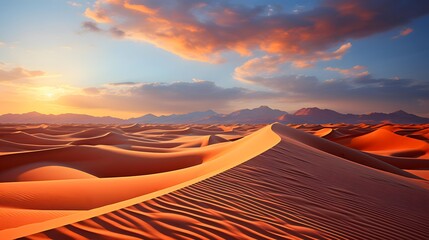 Fototapeta na wymiar Sunset in the desert with sand dunes. Panorama.