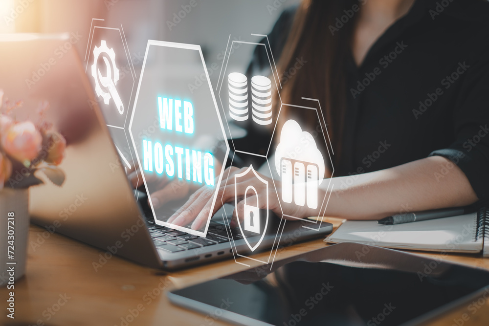 Poster web hosting concept, business woman using laptop computer on office desk with web hosting icon on vi