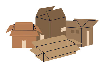 Cardboard boxes stack. Hand drawn stacked carton boxes, open boxes pile, warehouse box stack flat vector illustration. Moving or delivery concept on white