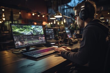 A focused man, wearing headphones, meticulously edits video content on his computer. 