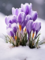 Crocus spring flower Growth In The Snow. Beautiful Floral wide panorama. Purple Crocus Iridaceae, copy space - generative ai