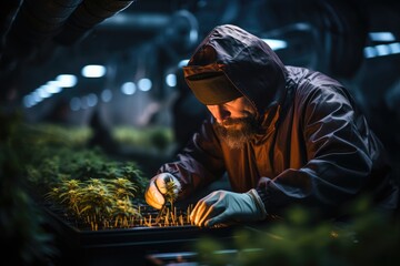Fototapeta premium On a cannabis farm. A man wearing protective suit delicately works with cannabis plants.