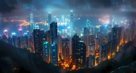 hong kong city from a mountain at night - obrazy, fototapety, plakaty
