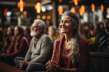 A gathering of serene seniors attending a yoga center to embrace health and vitality.