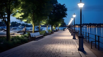 Panoramic view of the promenade at night. Long exposure.