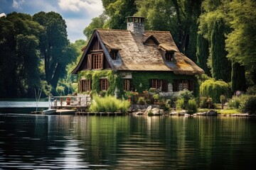 Fototapeta na wymiar A serene scene with a charming house on a river or lake shore, nestled amid lush trees.