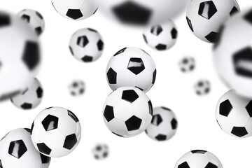 Many soccer balls falling on white background