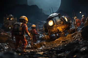 Astronauts and advanced robots collaborate seamlessly in the challenging environment of space mining. - obrazy, fototapety, plakaty
