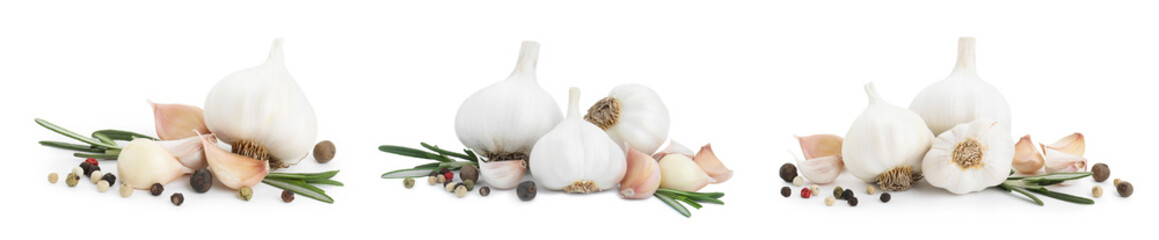 Fresh garlic, peppercorns and rosemary isolated on white, set