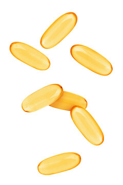 Vitamin. Softgel capsules falling on white background