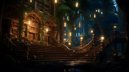 3d rendering of a fairy tale forest with a wooden house in the night