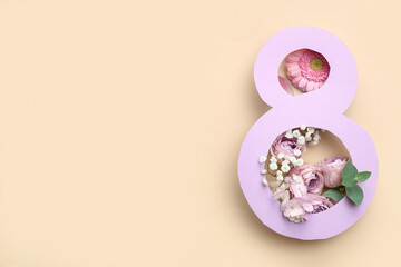 Figure 8 made of paper and different beautiful flowers on yellow background. International Women's...