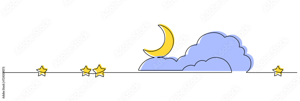 Poster one continuous line drawing of moon with cloud and stars. sweet dream concept for nursery in simple 