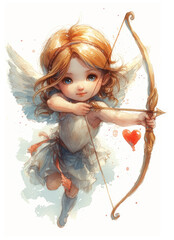 Cute watercolor flying female cupid with bow and arrow