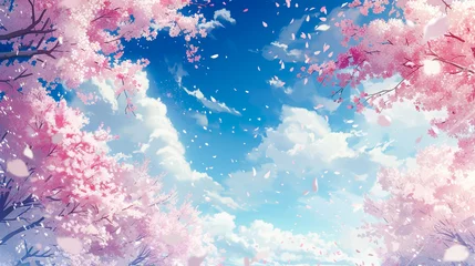 Fotobehang 満開の桜と青空に舞い上がる花びらのイラスト背景 © AYANO